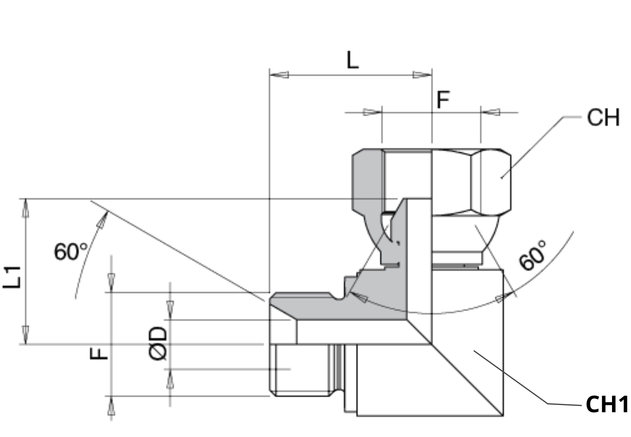Schema Grafico UNIONE GOMITO 90° CON DADO GIREVOLE AERTUBI S.r.l.