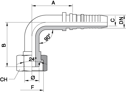 Schema Grafico FEMMINA 90° Métrica CONO 24° O.r. – DIN 3865 SERIE S DIN 2353 AERTUBI S.r.l.