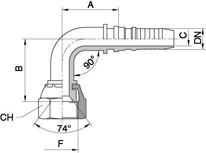 Schema Grafico FEMMINA CURVA 90°Jic – SVASATA 74˚ FILETTO UNF – SAE J 514 AERTUBI S.r.l.