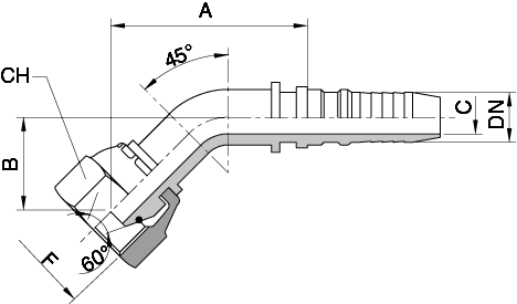 Schema Grafico FEMMINA CURVA 45° O.r. CONO 60˚ – FILETTO GAS AERTUBI S.r.l.
