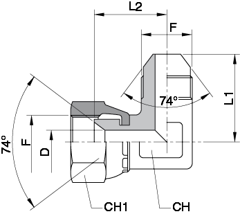 Schema Grafico UNIONE GOMITO 90° Masc. Femm. CON DADO Girev. JIC 37° AERTUBI S.r.l.