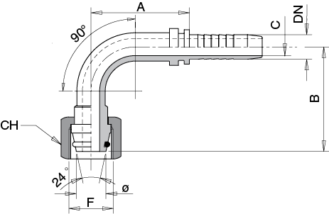 Schema Grafico FEMMINA 90° Métrica CONO 24° O.r. – DIN 3865 SERIE S DIN 2353 AERTUBI S.r.l.