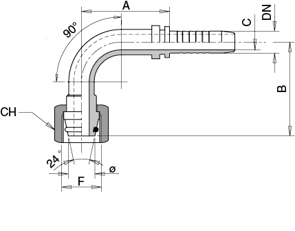 Schema Grafico FEMMINA 90° Métrica CONO 24° O.r. – DIN 3865 SERIE L DIN 2353 AERTUBI S.r.l.