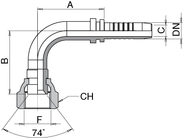 Schema Grafico FEMMINA CURVA 90° JIC – SVASATA 74° FILETTO UNF SAE J514 AERTUBI S.r.l.