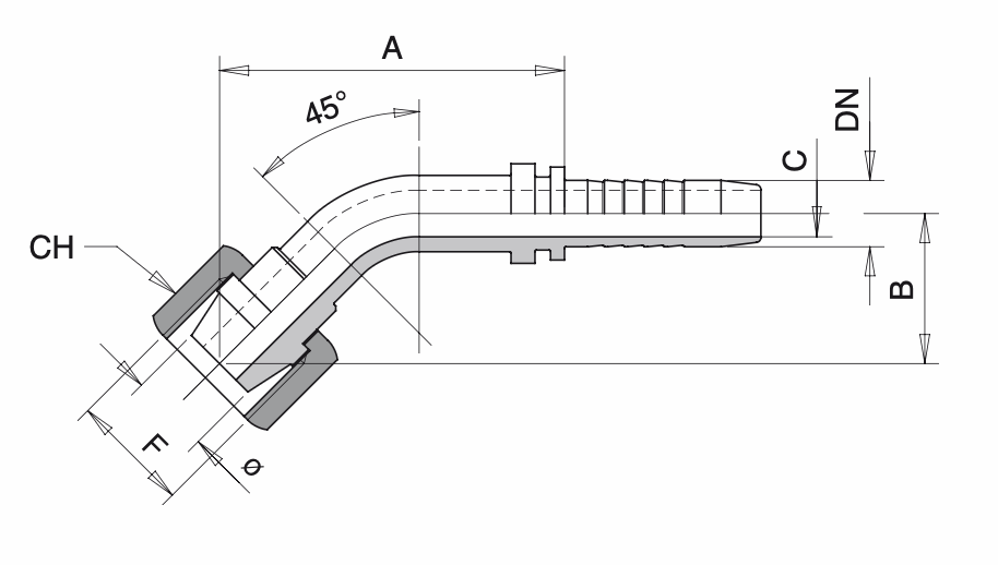 Schema Grafico FEMMINA CURVA 45° CONO 24°/60° – DIN 3868 FILETTO Métrico AERTUBI S.r.l.