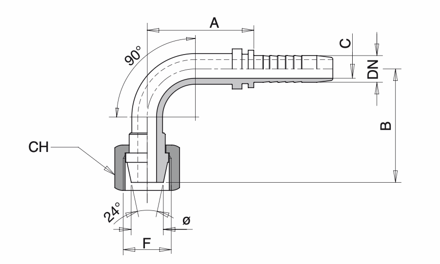 Schema Grafico FEMMINA CURVA 90° Métrica CONO 24°/60° DIN 3868 AERTUBI S.r.l.