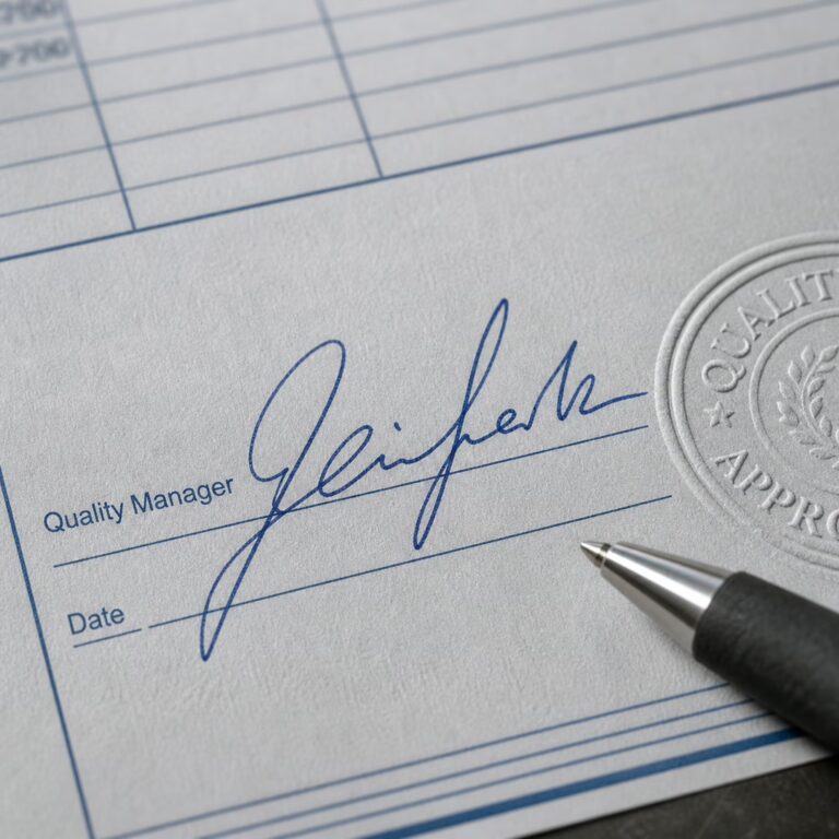 close-up signature responsabile qualità on certificate