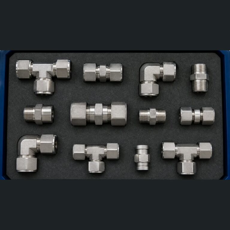 16:9 industrial close-up photography, batch of AERTUBI INOX 316L DIN 2353 cutting ring fittings laid out on dark anthracite E