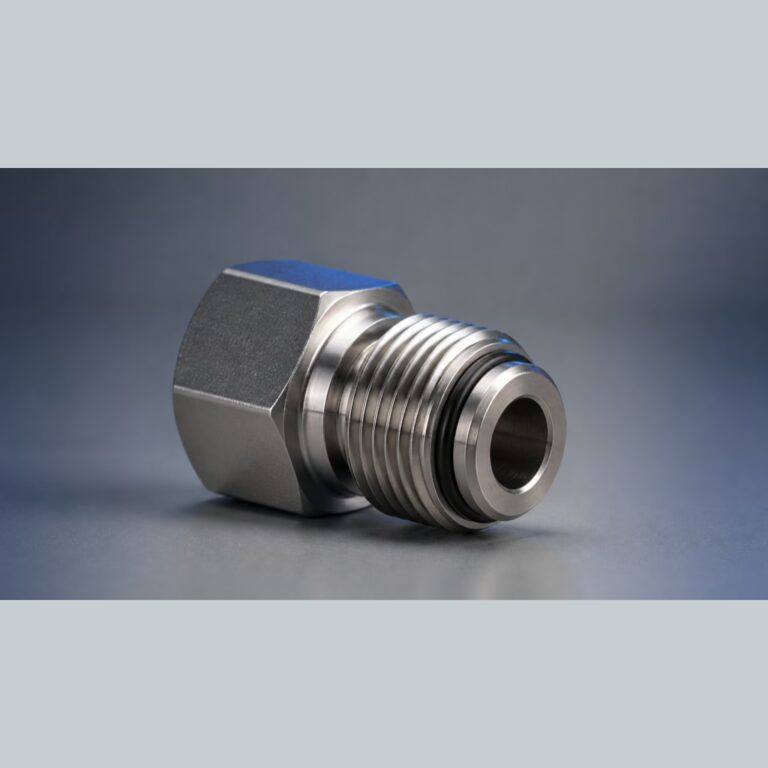 16:9 industrial product photography, single AERTUBI ORFS adapter SAE J1453 in 316L stainless steel isolated on gradient cool