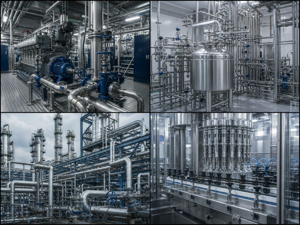 I quattro settori AERTUBI: navale, chimico-farmaceutico, petrolchimico oil and gas, alimentare